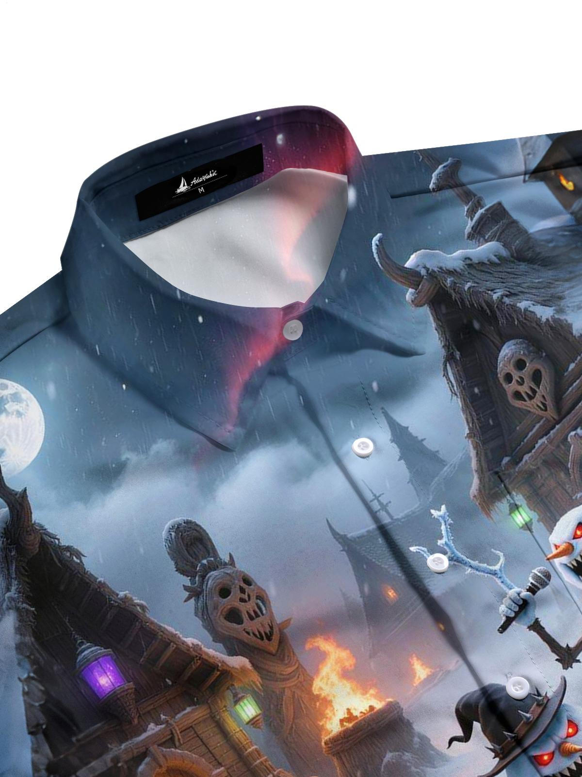 Winter Rock Snowman Print Men's Pocket Long Sleeve Shirts