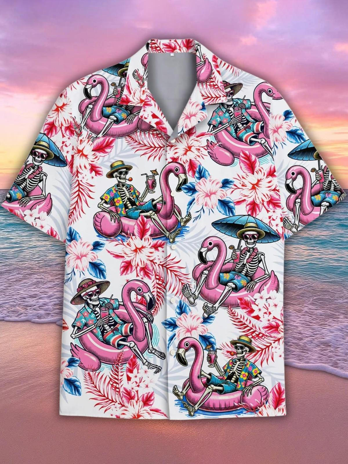 Hawaiian Skull Flamingo Print Men's Pocket Cuban Collar Short Sleeve Shirt