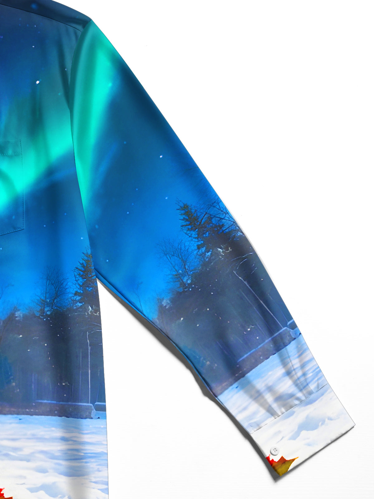 Winter Snow Scene Aurora Borealis Rugby Ball Christmas Tree Houses Men's Pocket Long Sleeve Shirts