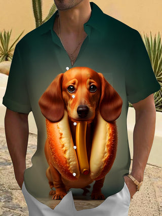 Men's funny hot dog sandwich puppy print short sleeve shirt front view