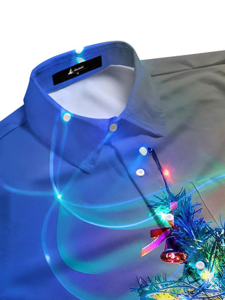 Men's festive Christmas tree print short sleeve shirt side view