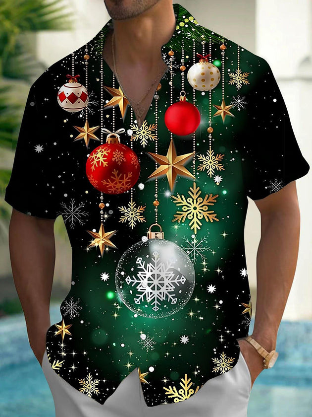 Men's festive short sleeve shirt front view Christmas holiday party