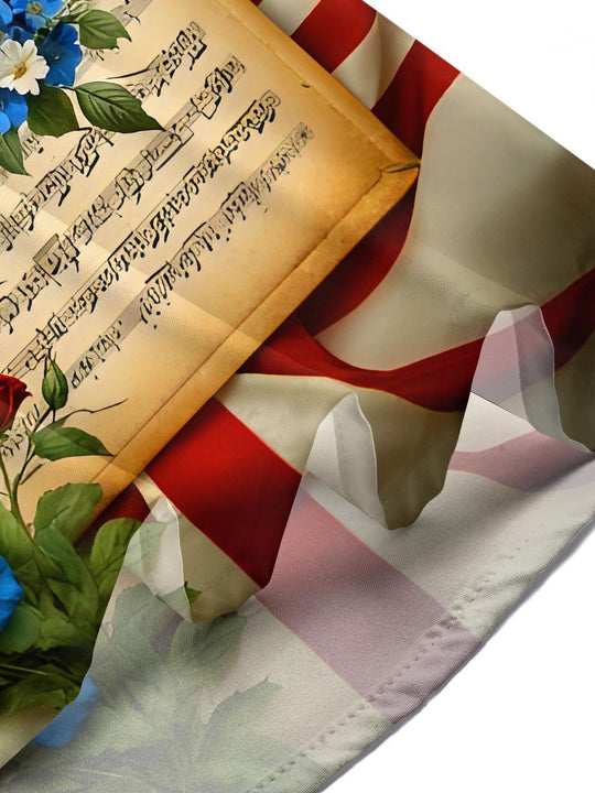 Men wearing American flag vintage sheet music flowers short sleeve shirt celebrating Independence Day outdoors