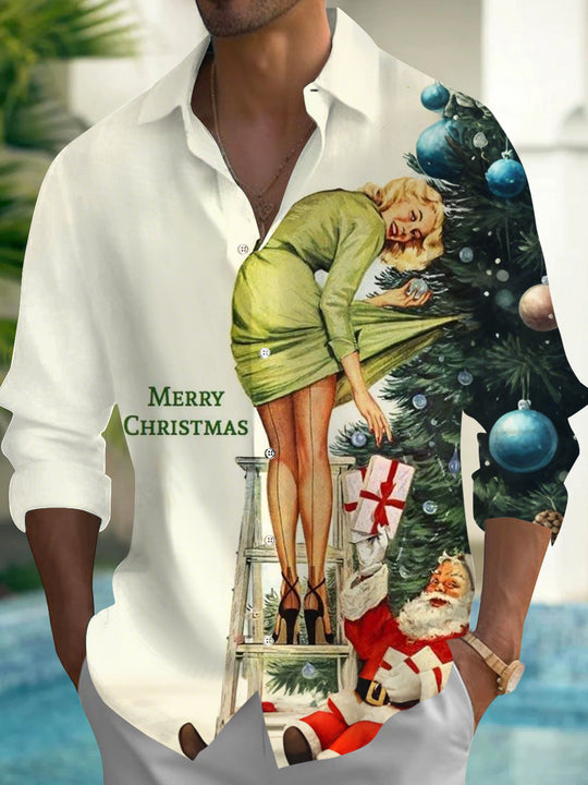 Men Christmas beauty print long sleeve shirt front view for holiday party
