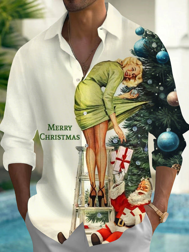 Men Christmas beauty print long sleeve shirt front view for holiday party