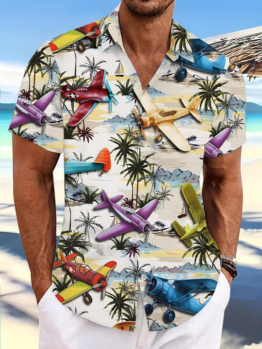 Men's Hawaiian palm print pocket short sleeve shirt front view tropical beach vacation