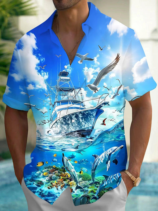Hawaiian Boat Dolphin Fish Seagull Men's Pocket Short Sleeve Shirts