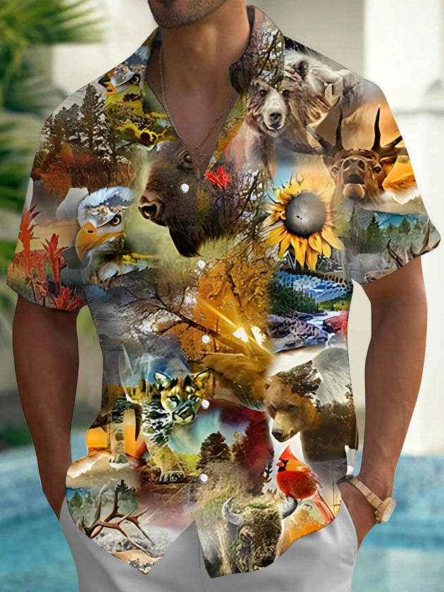 Men's Black Animal Print Short Sleeve Shirt Front View