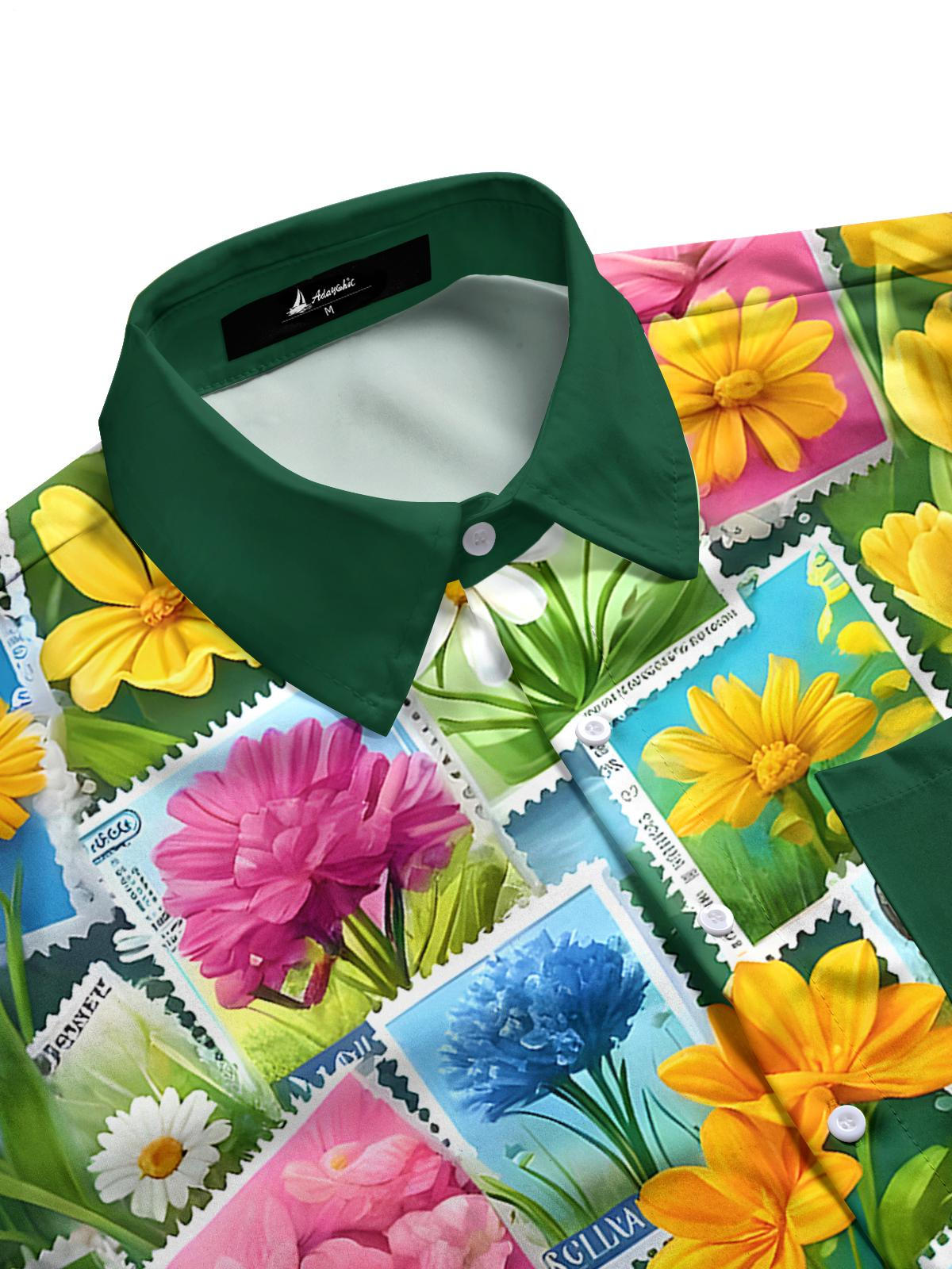 Stamp Floral Men's Pocket Short Sleeve Shirts