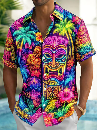 Colorful Neon Tiki Tribal Totem Hawaiian Tropical Party Men's Pocket Short Sleeve Shirts