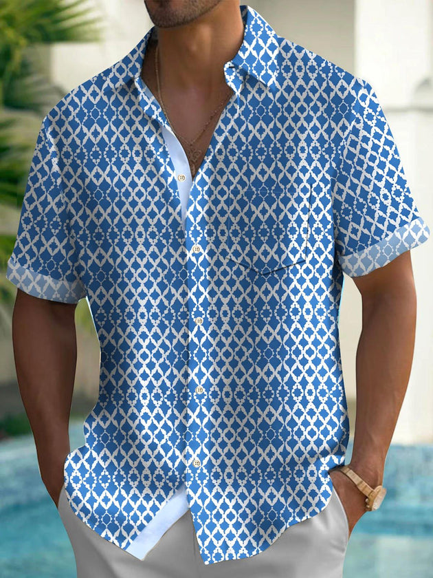 Men's geometric pocket short sleeve shirt front view