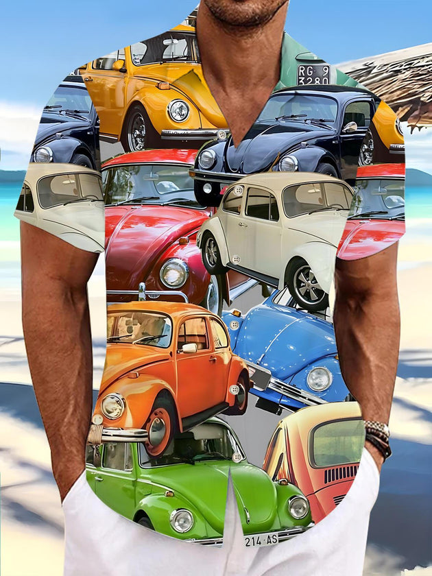 Men's short sleeve shirt with car print pattern front view