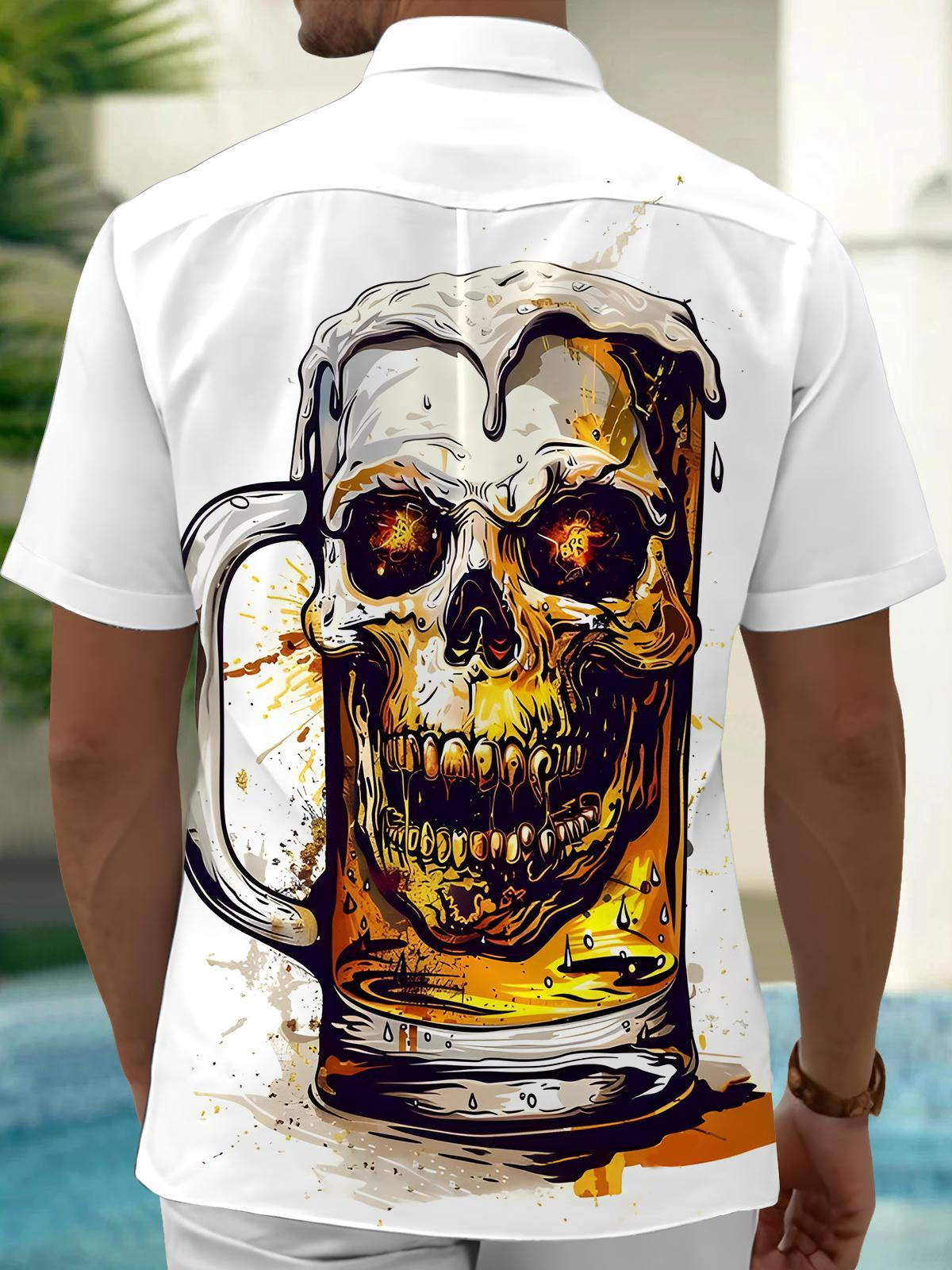 Skull Beer Print Men's Pocket Short Sleeve Shirts