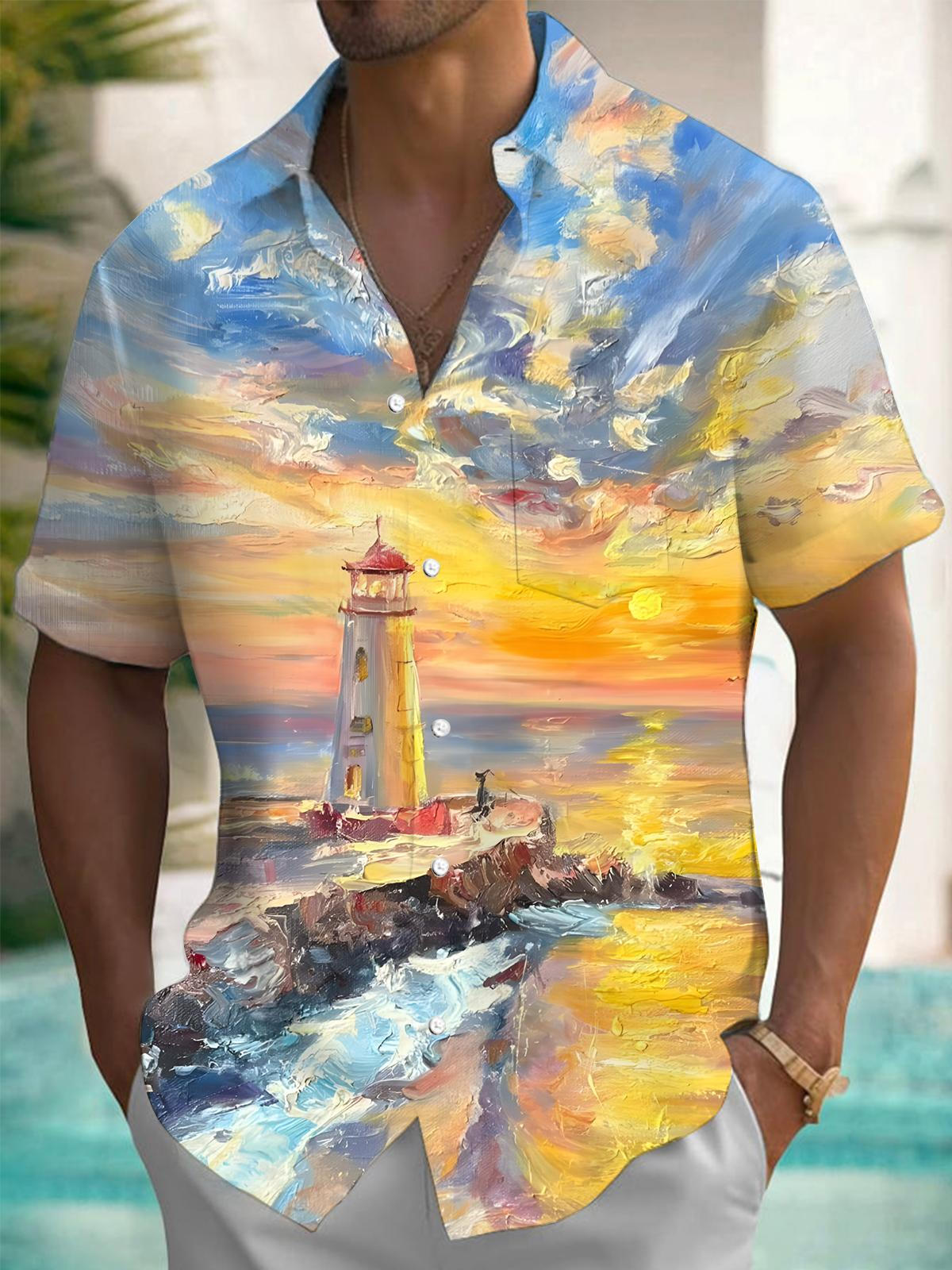 Lighthouse Oil Painting Art Print Men's Pocket Short Sleeve Shirts