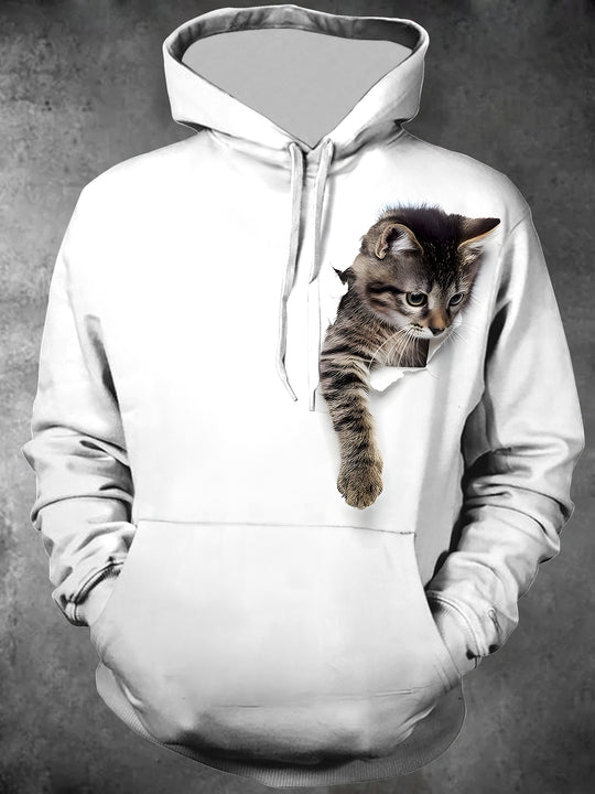 Men's cat print long sleeve pullover hoodie front view