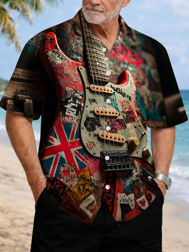 men's guitar print shirt front view