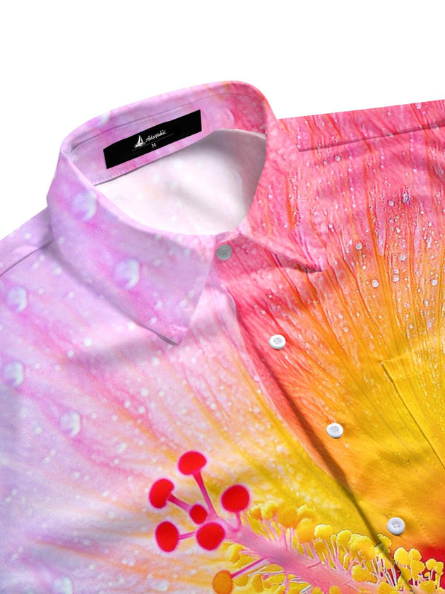 Men's casual short sleeve shirt with floral print, side view