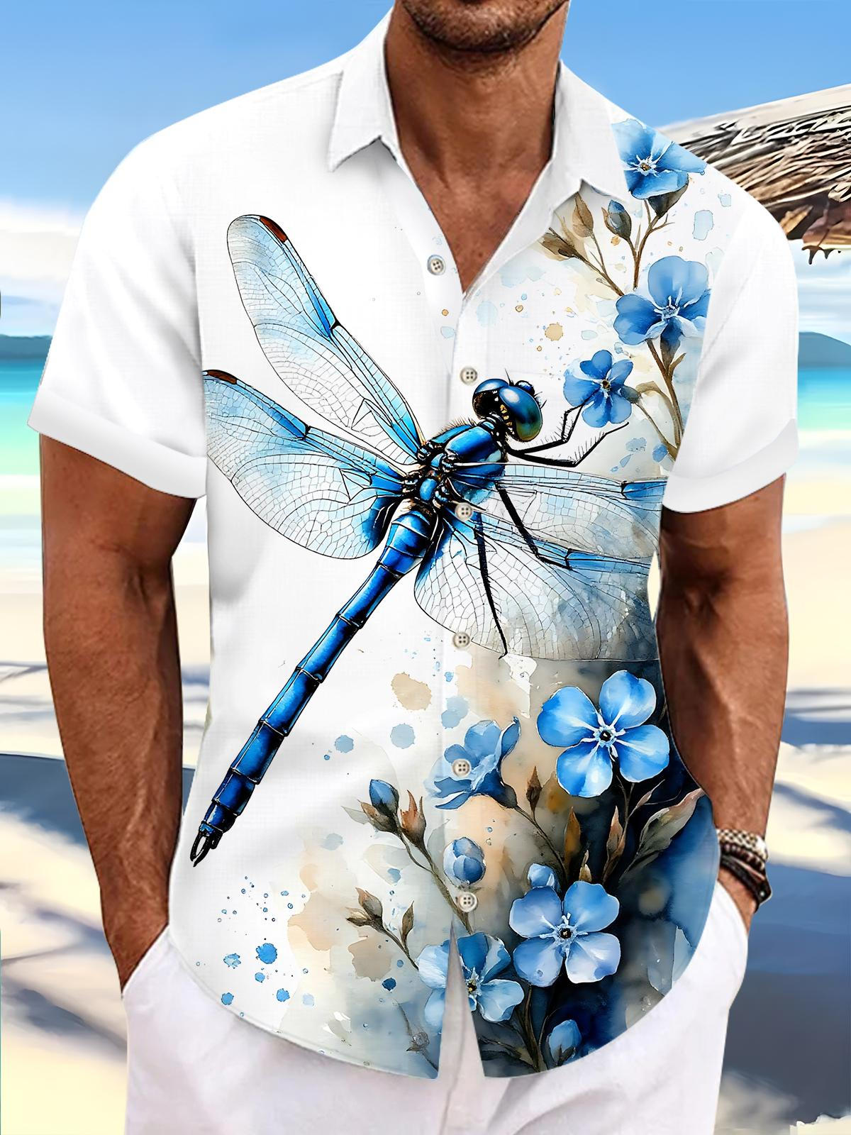 Dragonfly Floral Print Men's Pocket Short Sleeve Shirts