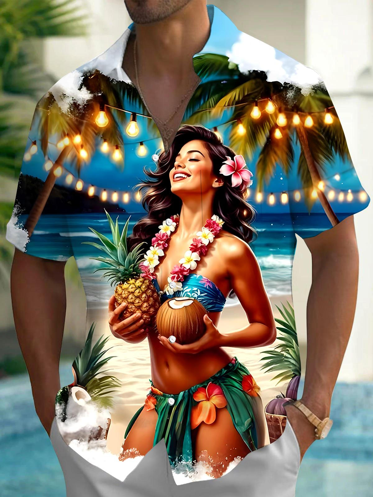 Hawaiian Beauty Girl Men's Pocket Short Sleeve Shirts