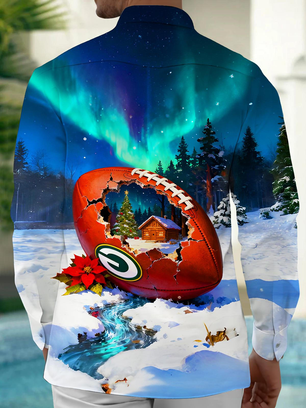 Winter Snow Scene Aurora Borealis Rugby Ball Christmas Tree Houses Men's Pocket Long Sleeve Shirts