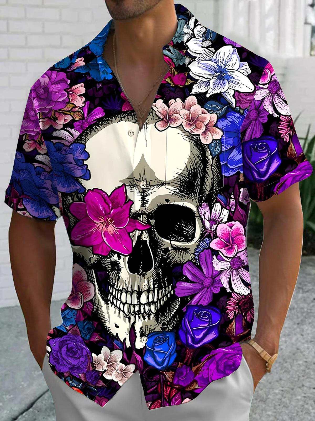 Skull Floral Men's Pocket Short Sleeve Shirts