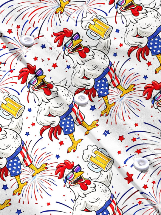 Men's patriotic American flag beer cartoon chicken print short sleeve shirt flat lay