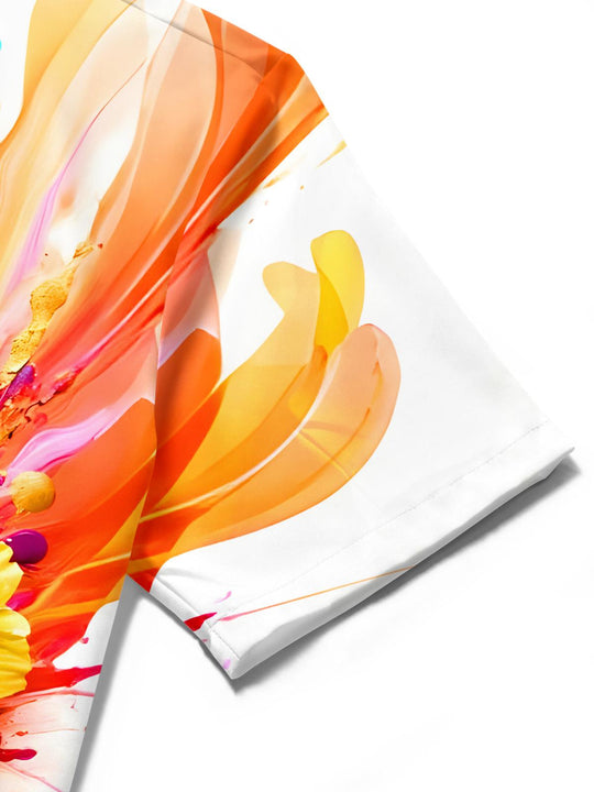 Men's colorful ink splash white parrot floral pocket short sleeve shirt close-up detail view