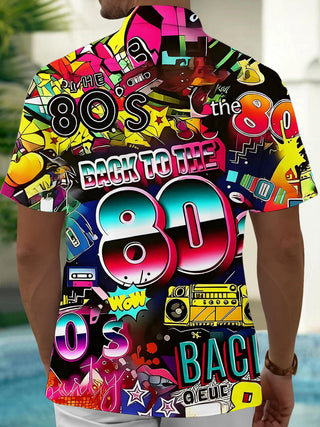 Men's retro music print short sleeve shirt back view