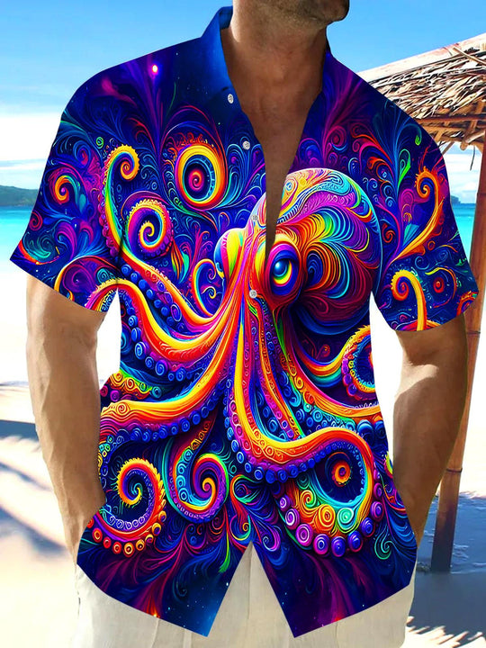 Men's colorful octopus swirl short sleeve shirt front view