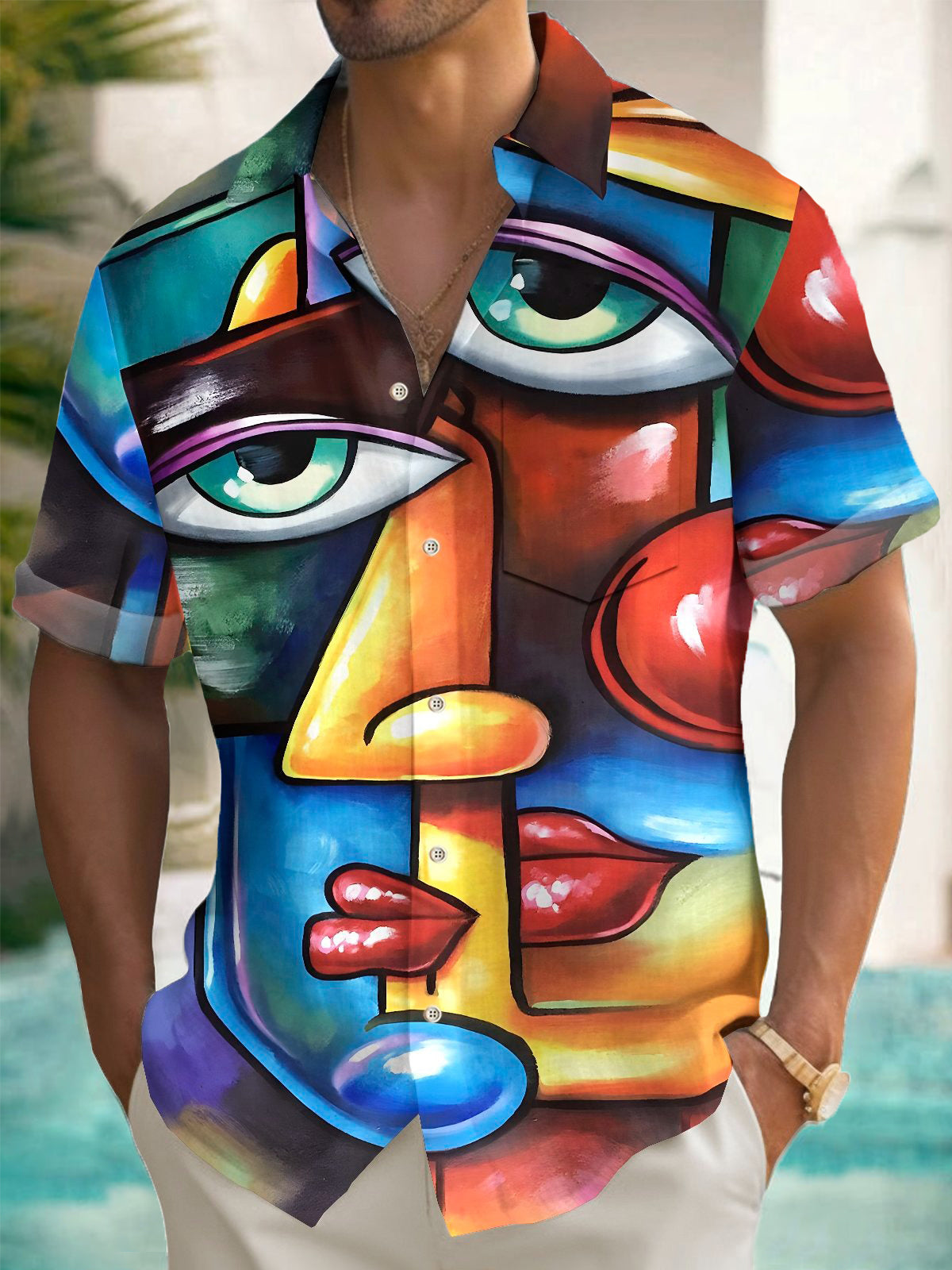 Abstract Face Art Print Men's Pocket Short Sleeve Shirts