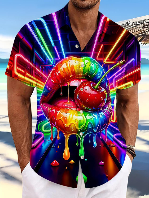 Neon Colorful Lips And Cherry Men's Pocket Short Sleeve Shirts