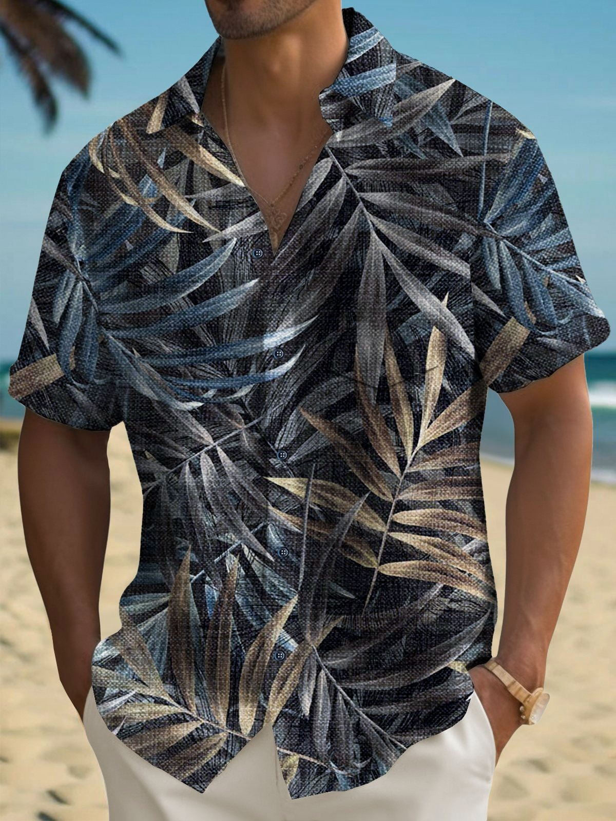 Hawaiian Leaf Print Men's Pocket Short Sleeve Shirts