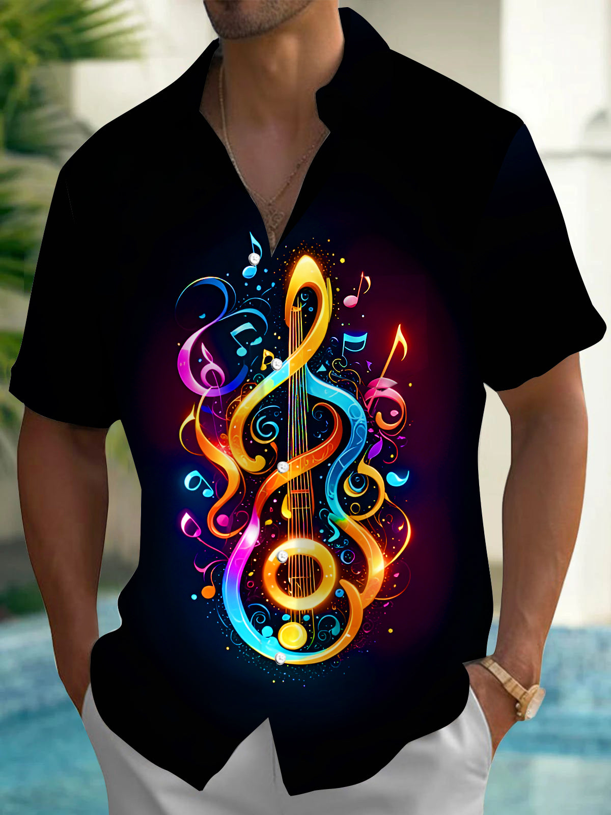 Treble Clef Music Notes Guitar Men's Pocket Short Sleeve Shirts