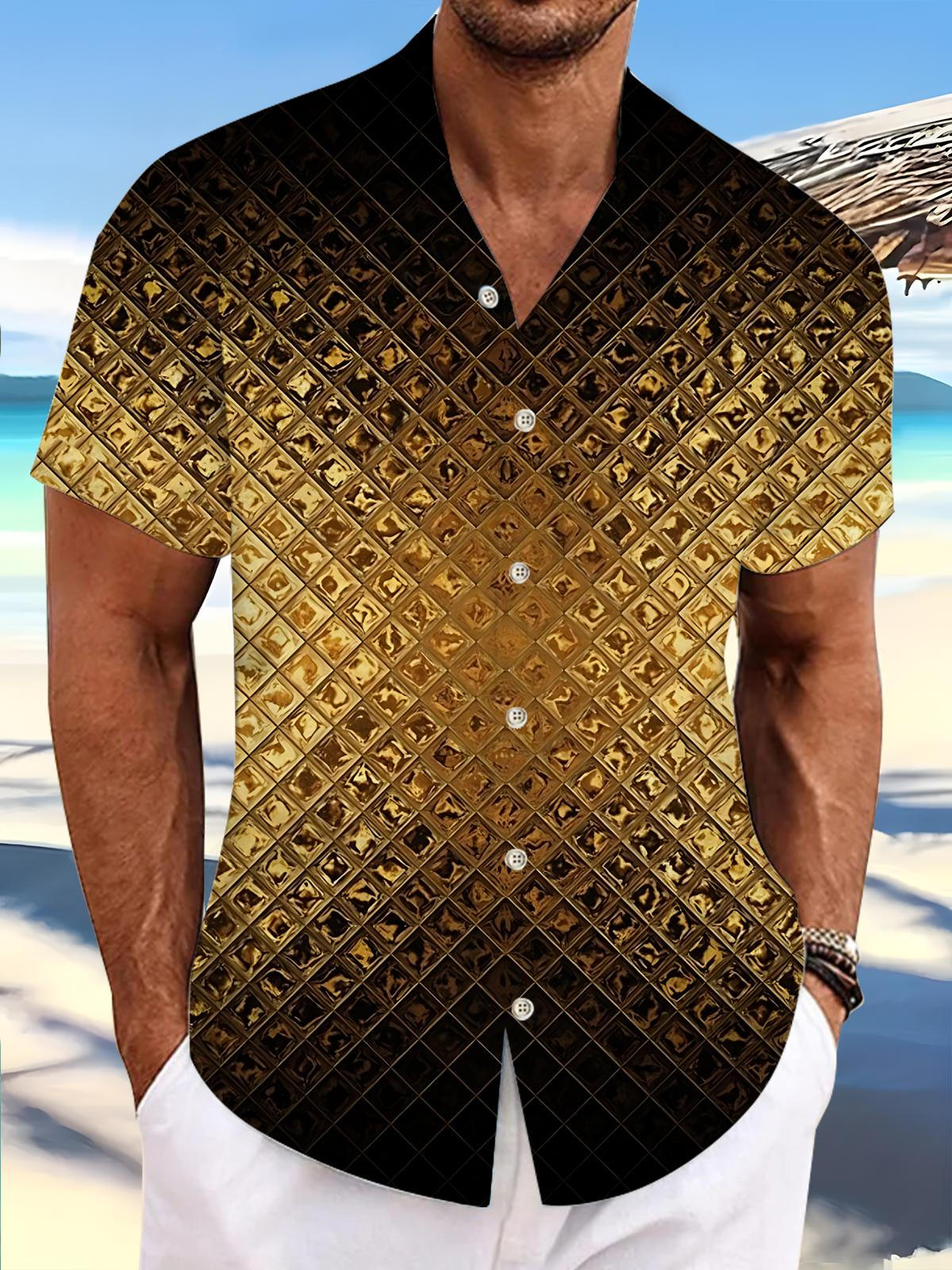 Gold Geometric Gradient Print Men's Pocket Short Sleeve Shirts