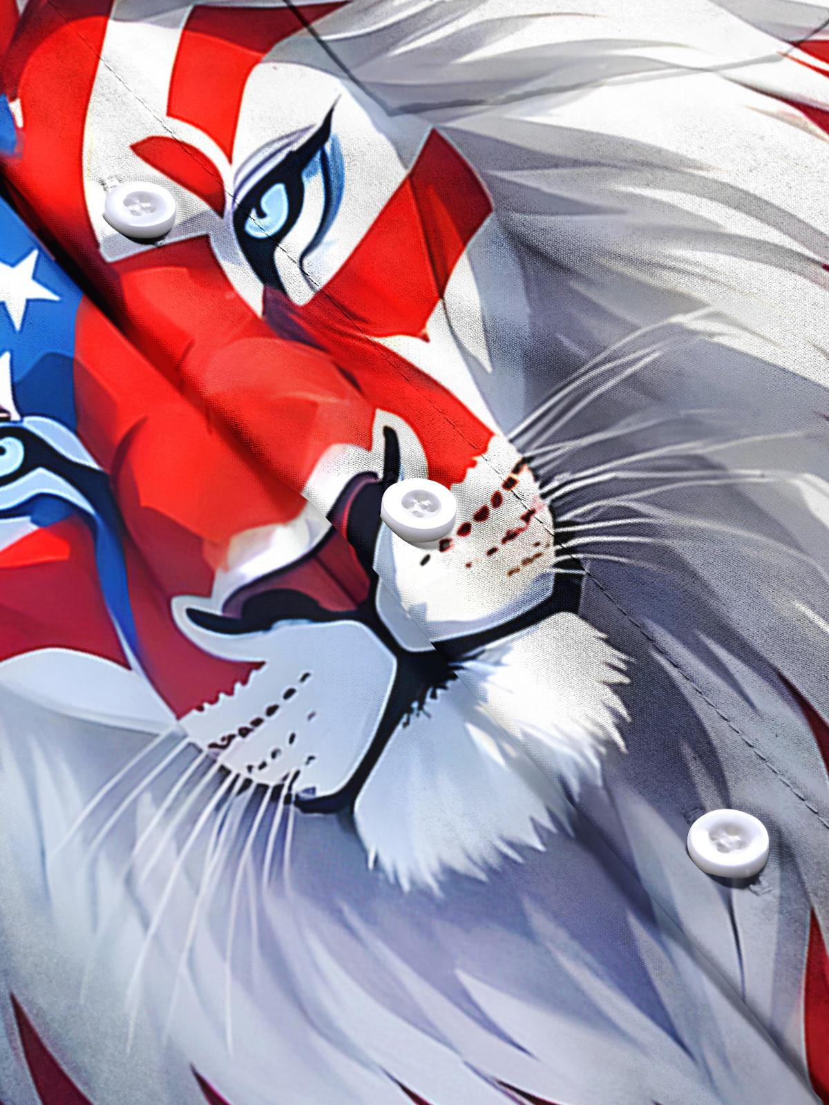 Independence Day American Flag Lion Men's Pocket Short Sleeve Shirts