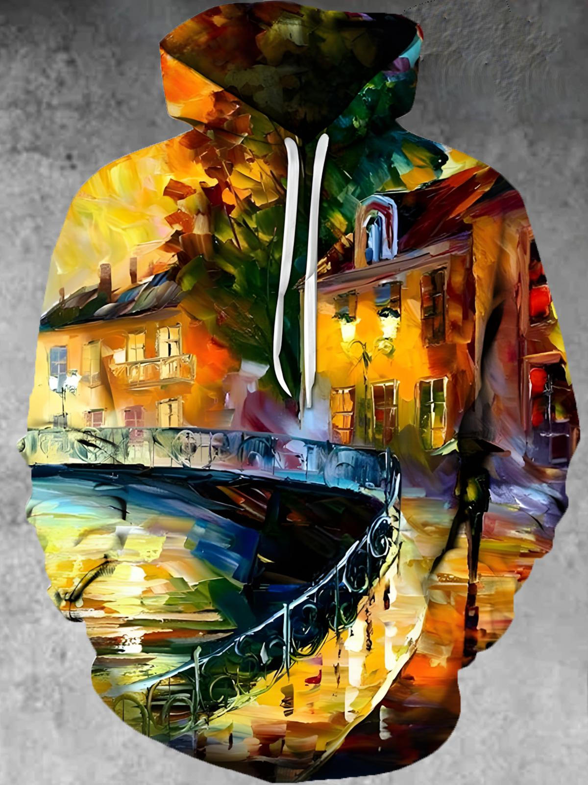 Oil Painting Art Print Long Sleeve Hooded Pocket Men's Top