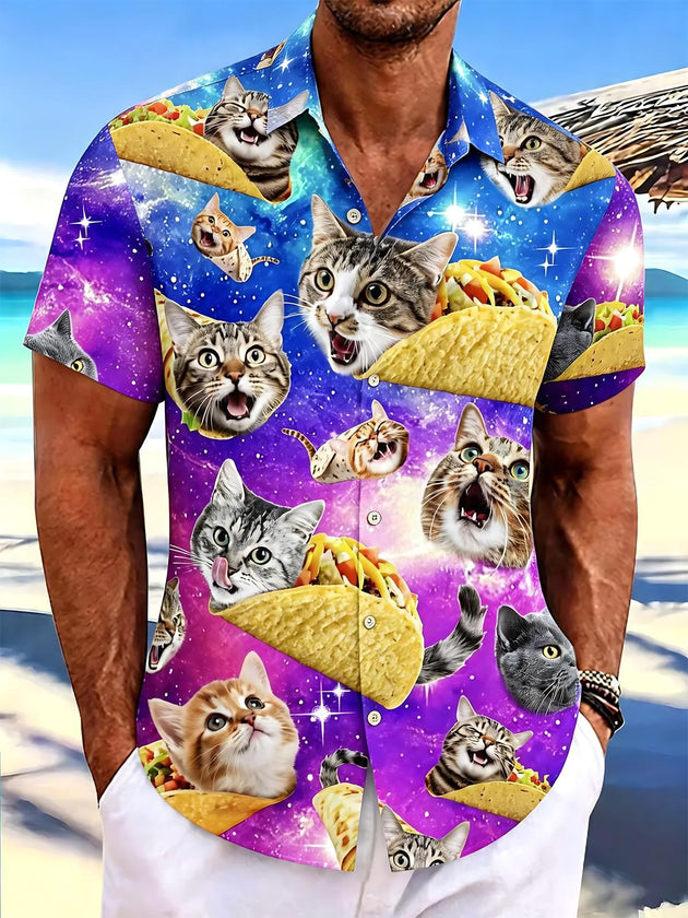 Men's galaxy print short sleeve shirt front view