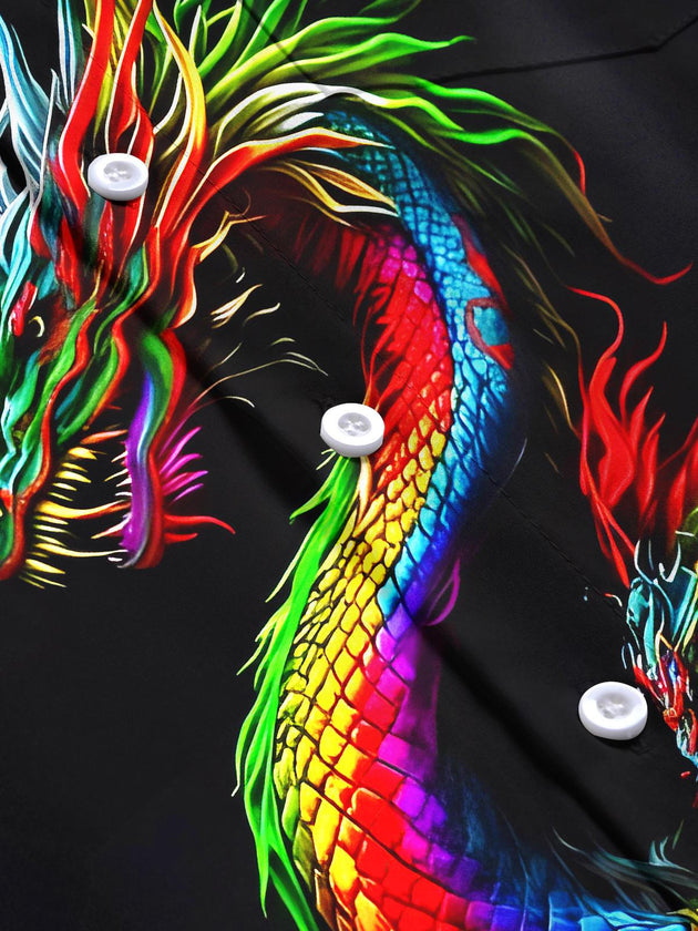 Men's short sleeve dragon print shirt flat lay pattern detail
