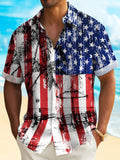 American Flag Coconut Tree Print Short Sleeve Men's Shirts With Pocket