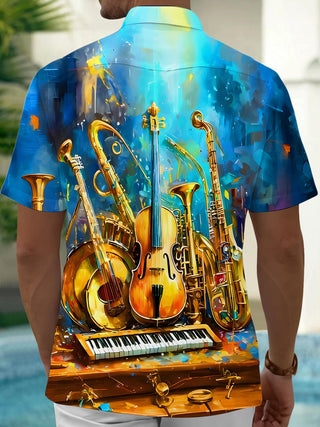 Men's music print short sleeve shirt back view