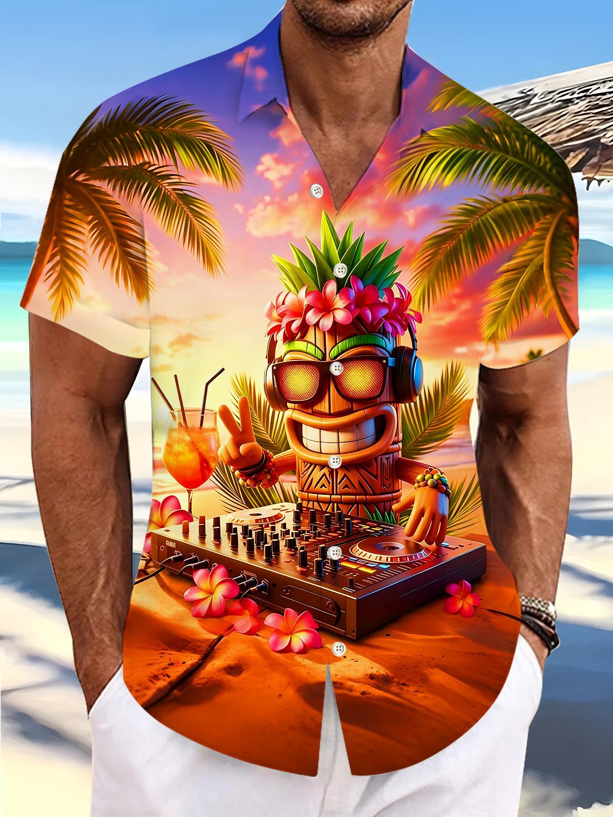 Fun Hawaiian Tiki Pineapple DJ Statue Island Sunset Cocktail Men's Pocket Short Sleeve Shirts