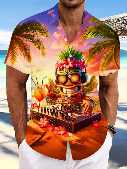 Fun Hawaiian Tiki Pineapple DJ Statue Island Sunset Cocktail Men's Pocket Short Sleeve Shirts