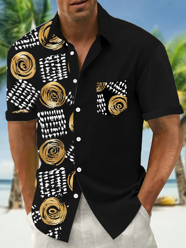 Men's geometric patterned pocket short sleeve shirt front view