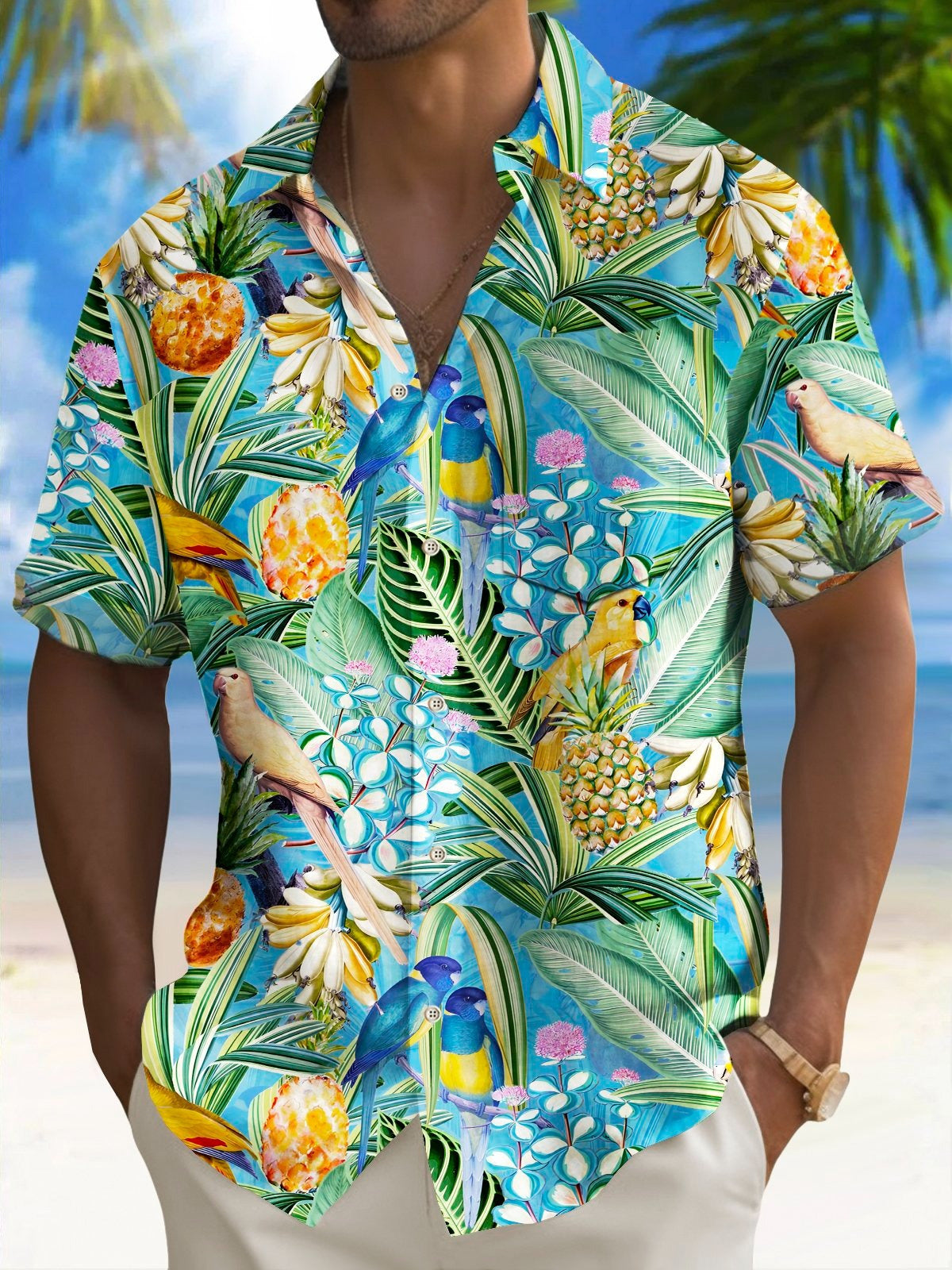 Hawaiian Parrot Pineapple Flora Print Men's Pocket Short Sleeve Shirts