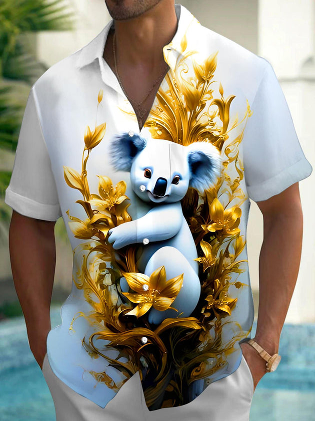 Men's Art Koala Golden Floral Short Sleeve Shirt Front View