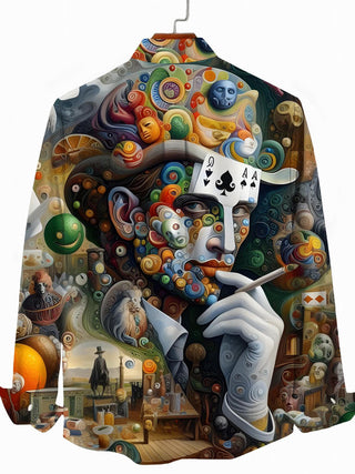 Men's abstract face poker print pocket long sleeve shirt back view