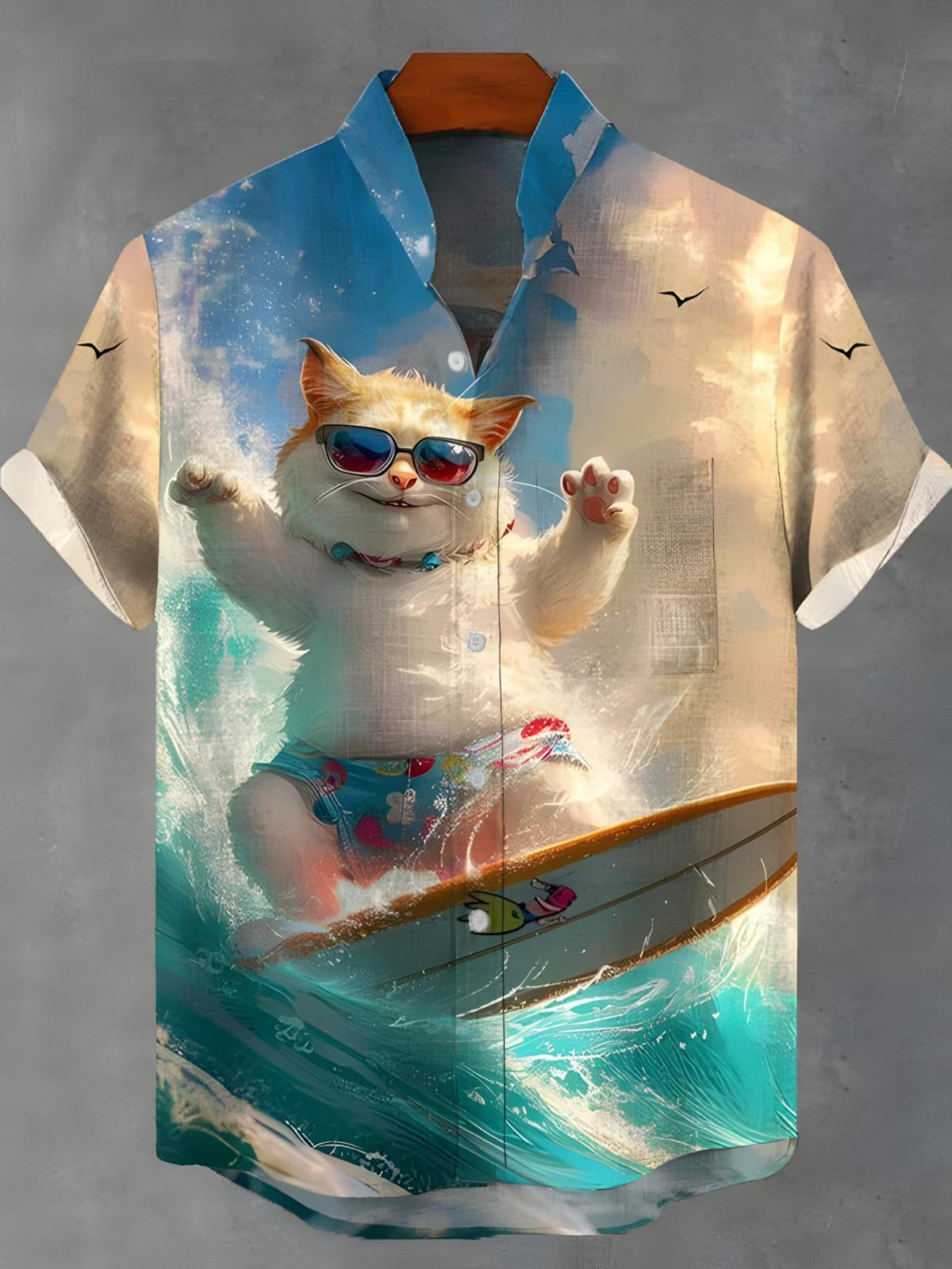 Surfing Cat Print Men's Pocket Short Sleeve Stand Collar Shirts