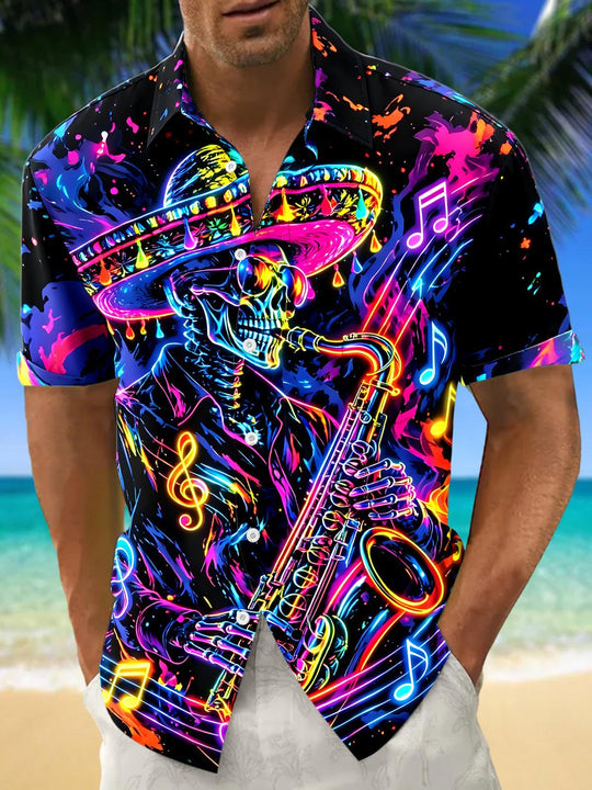 Skull Saxophone Men's Pocket Short Sleeve Shirts