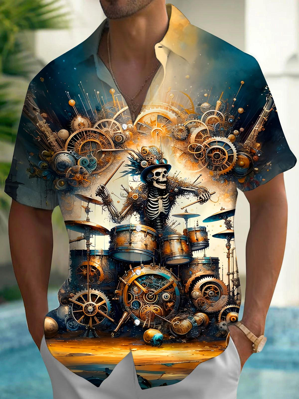 Drum Set Gears Skull Men's Pocket Short Sleeve Shirts