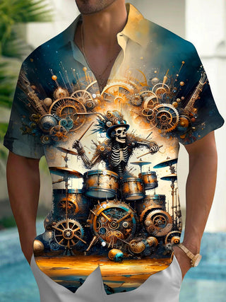 Men's drum set gears skull print short sleeve pocket shirt front view